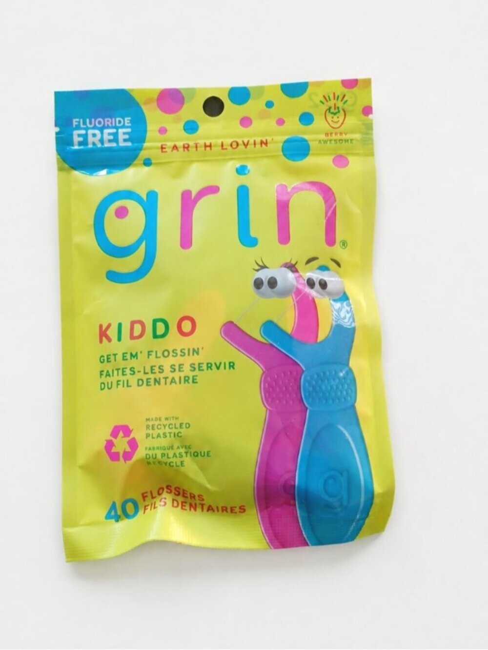 Grin Kiddo Kids Flossers 40ct Berry Infused Jumbo Grip Fluoride Free Sealed NEW